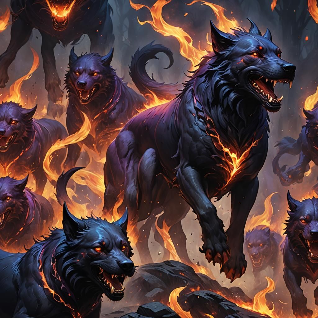 Hellhound Pack in Fiery Abyss: Dark Fantasy Art