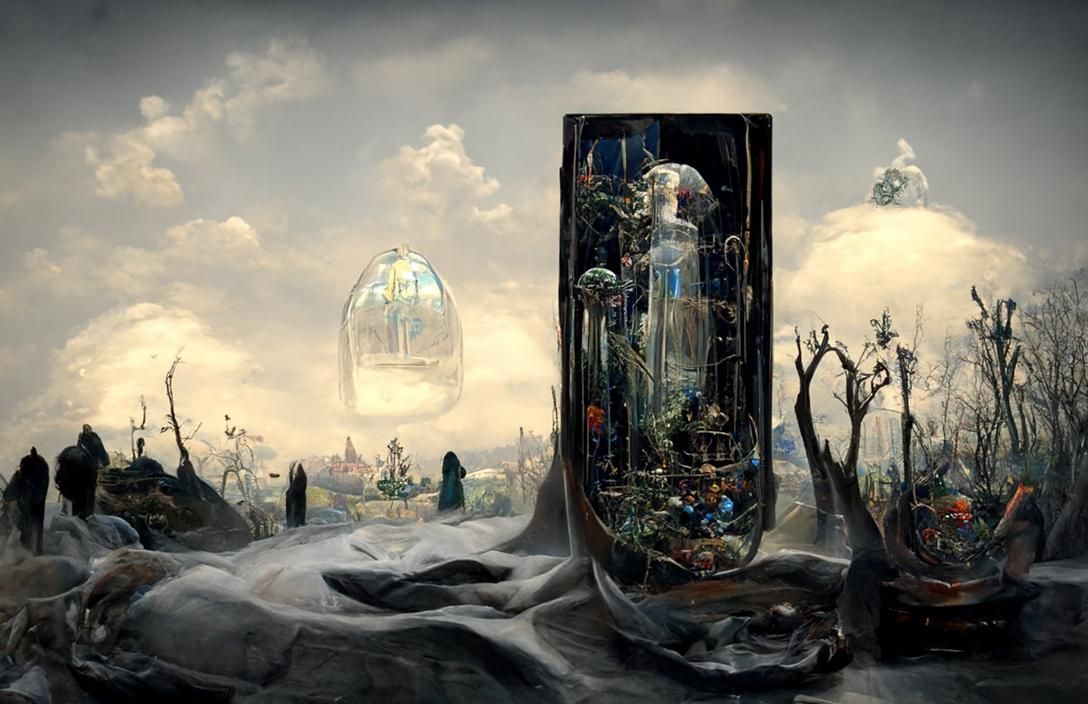 Sleeping Beauty in Glass Casket in Wonderland Landscape