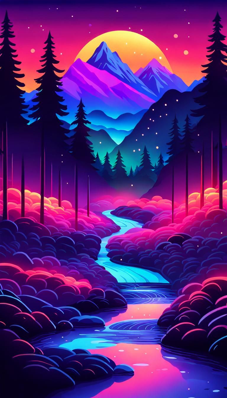 Neon Lights Illuminate Dusk Mountain Landscape