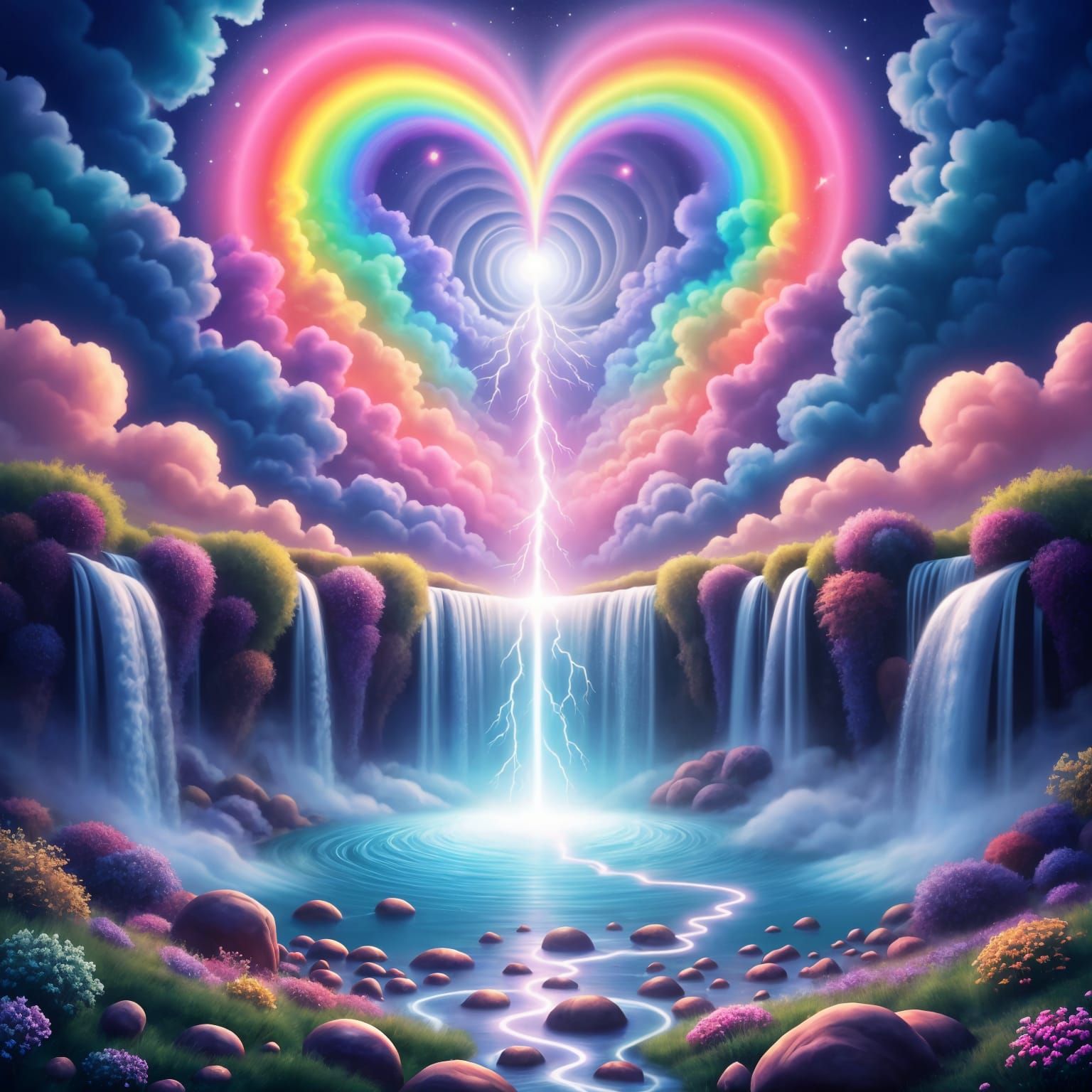 Heart-Shaped Lightning over Rainbow Waterfall