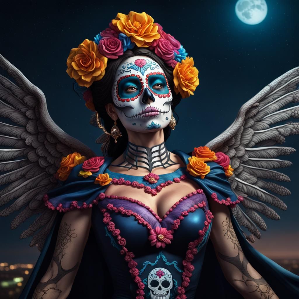 Full bodied shot of La Catrina, The spirit of Muerte, embodied as Sugar Skull a female superhero,flying in the night ...