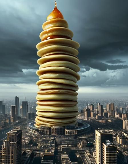 Epic Pancake Skyscraper in a Bustling City