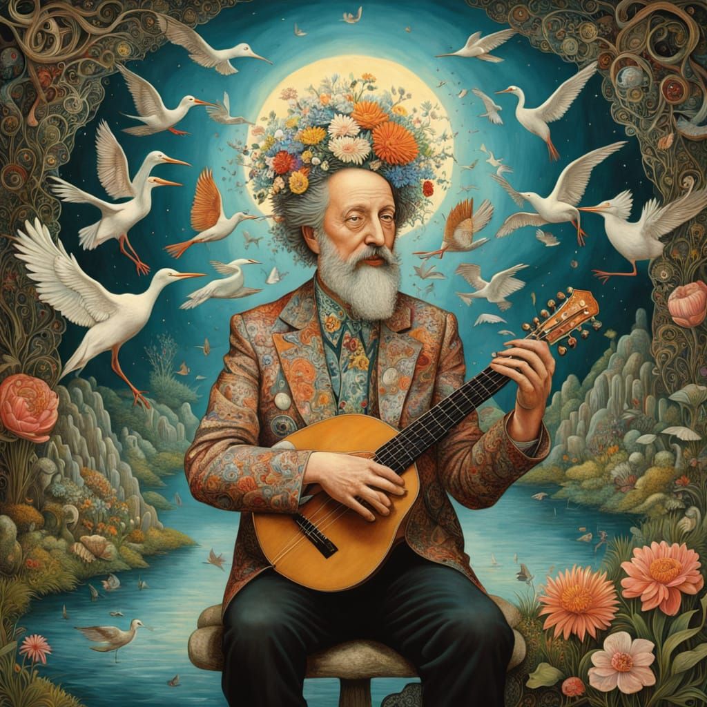 Psychedelic Accordionist in Surreal Geometric Utopia