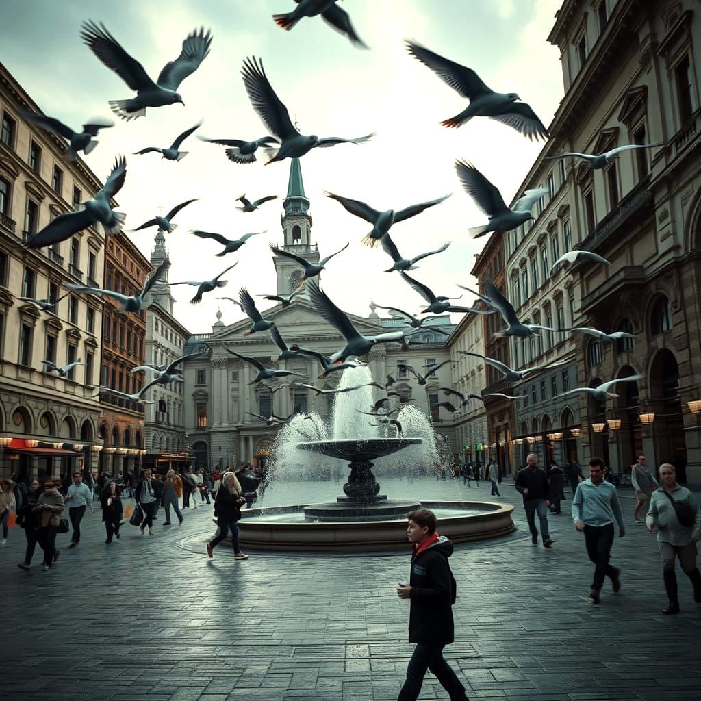 Stunning Digital Fountain Scene with Flying Birds and Bustli...
