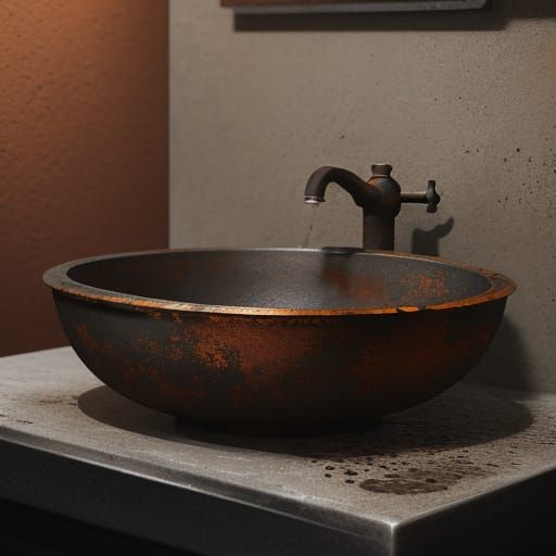 Hyperrealistic Rusted Faucet and Sink Close-Up