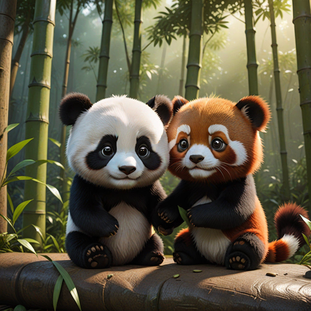Baby Panda and Red Panda Friendship in Bamboo Forest