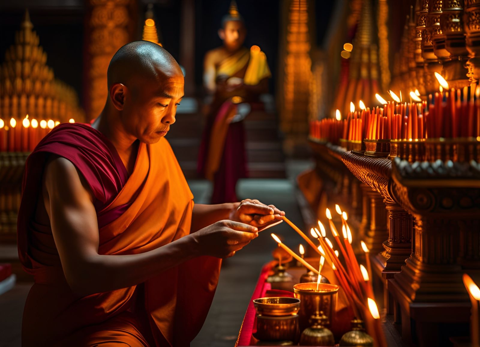 Thai Buddhist Monk Lights Temple Candles at Night