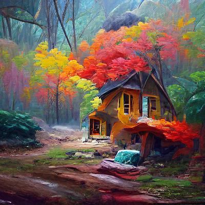 Cozy Cottage in Colorful Forest, Oil Painting