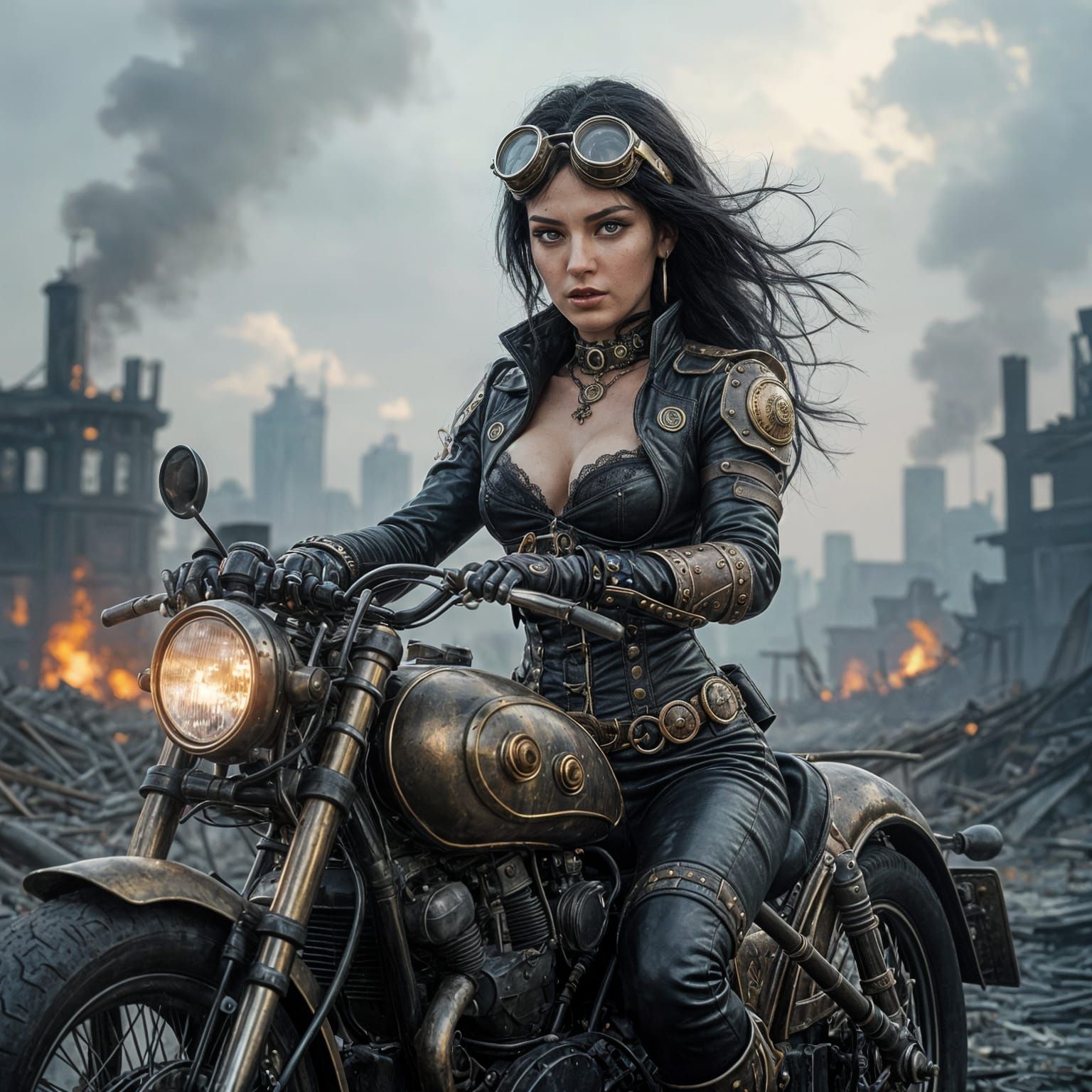 Steampunk Woman on Motorcycle in Burning City