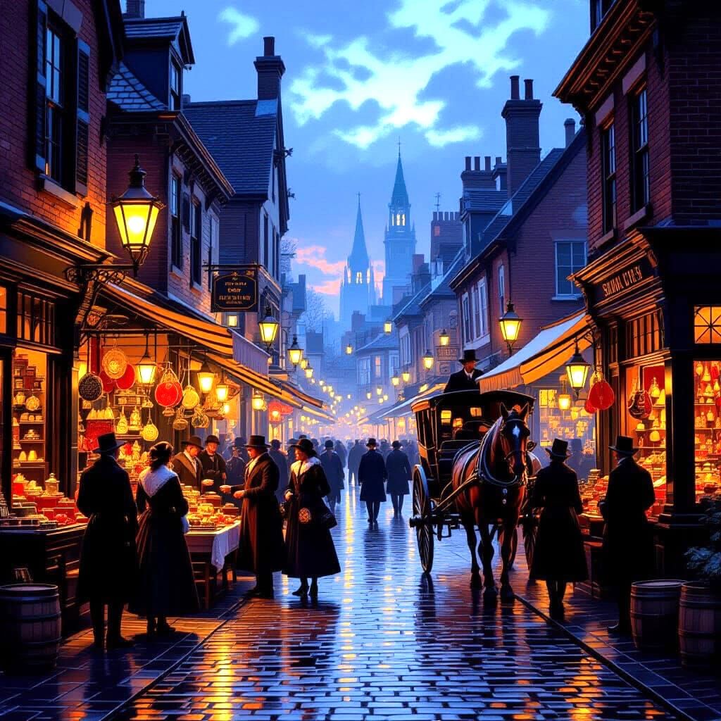 Victorian Street Market at Dusk Oil Painting