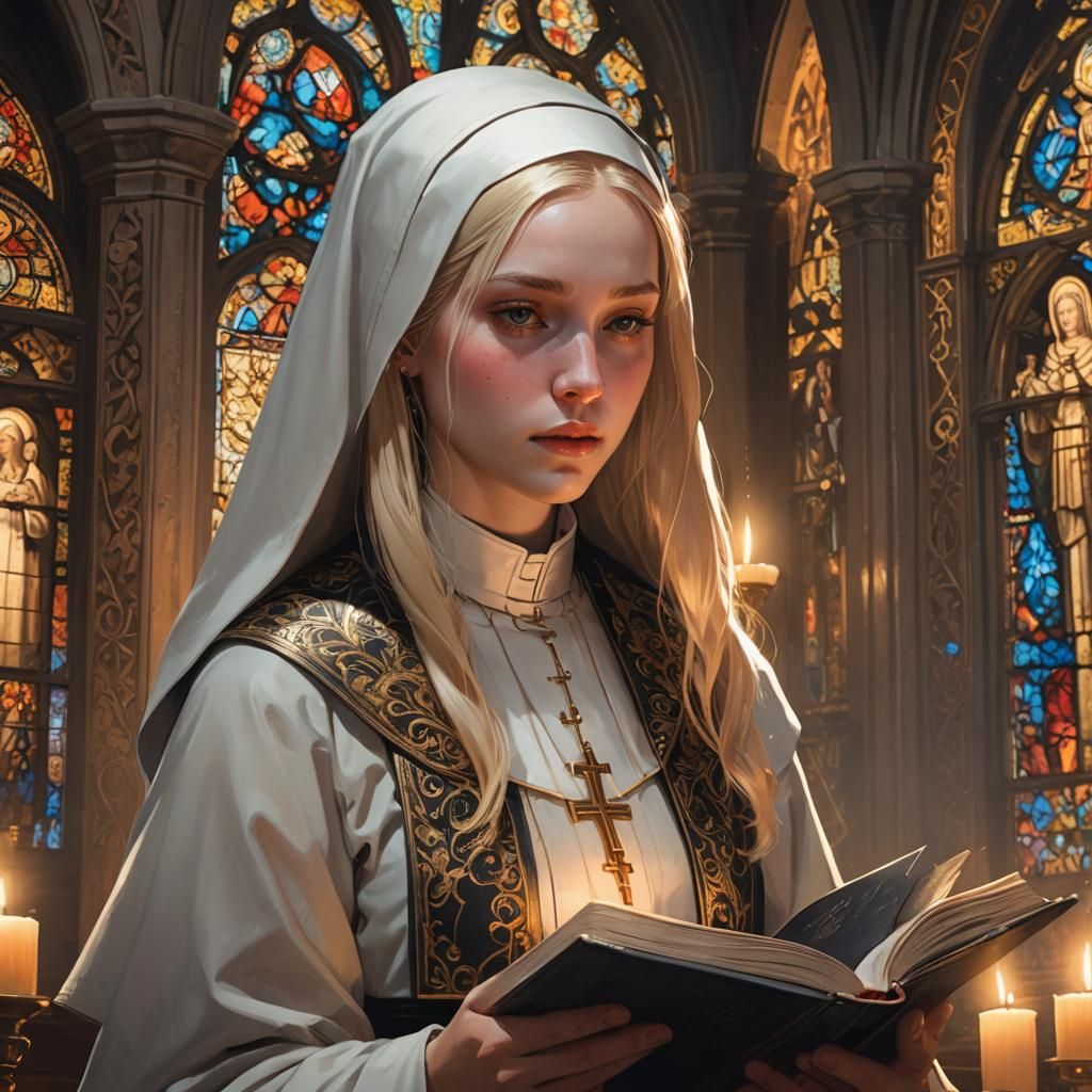 Young Nun Reading Bible in Anime Style