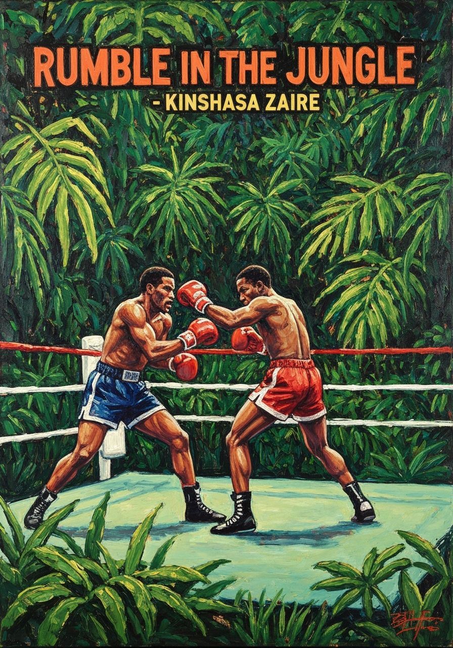 Boxers Fight in Lush Jungle Ring, Vibrant Oil Painting