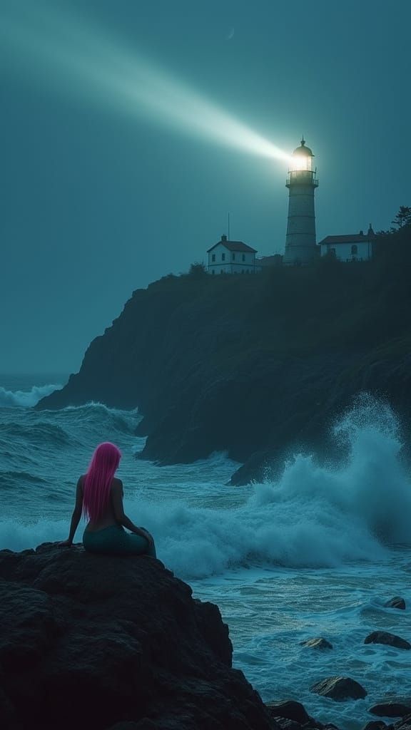 Lighthouse and Mermaid in Stormy Cinematic Scene
