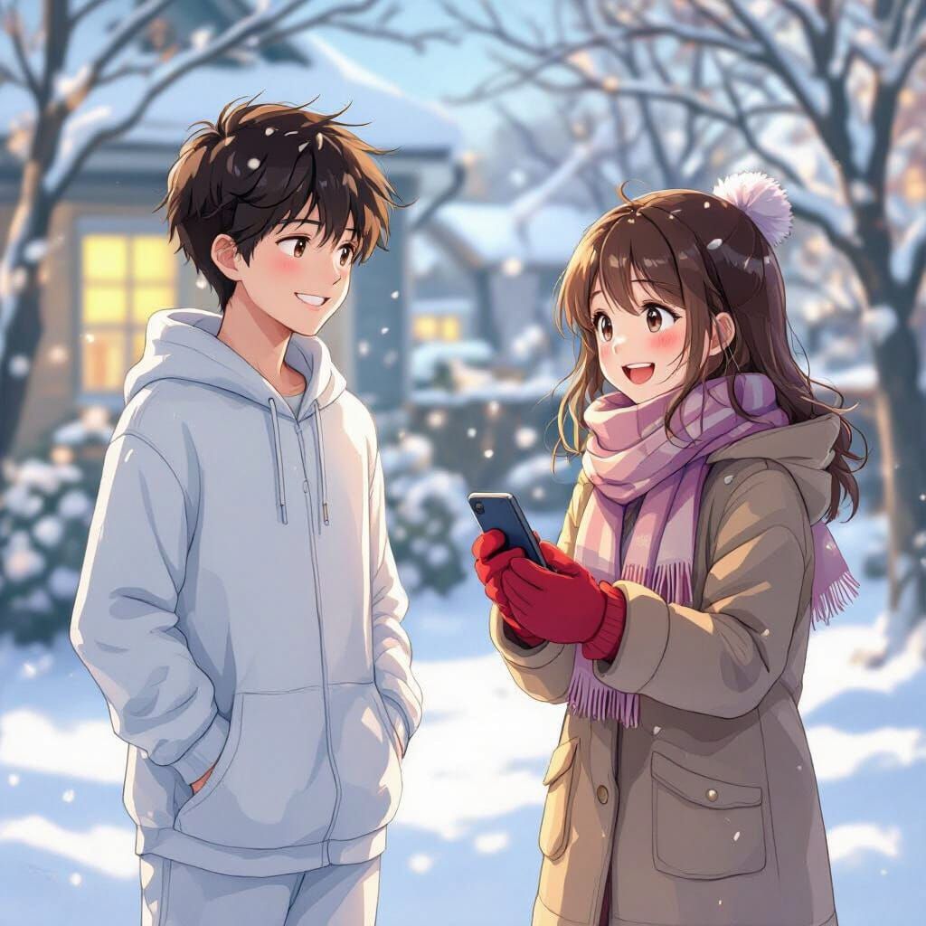 Anime Boy and Girl in Snowy Winter Scene