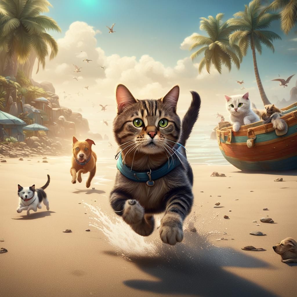 Cat and Dog Running on Beach: Fantasy Concept Art