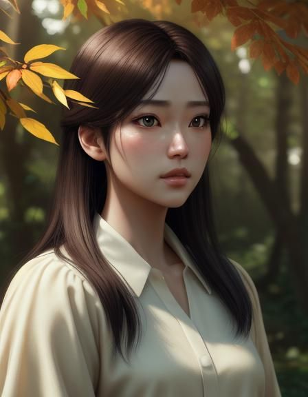 Anime Girl Beneath Tree in Hyper-Realistic 3D