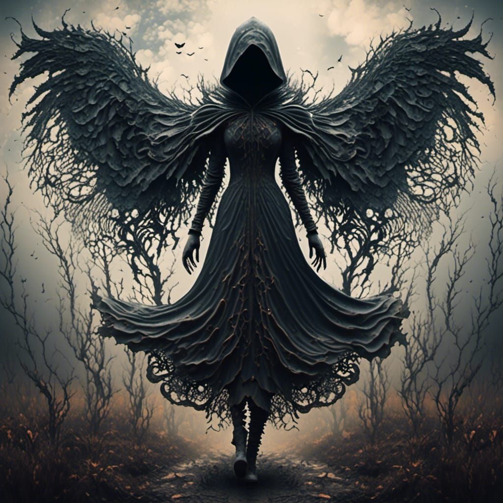 Eerie Hooded Angel in Decaying Field