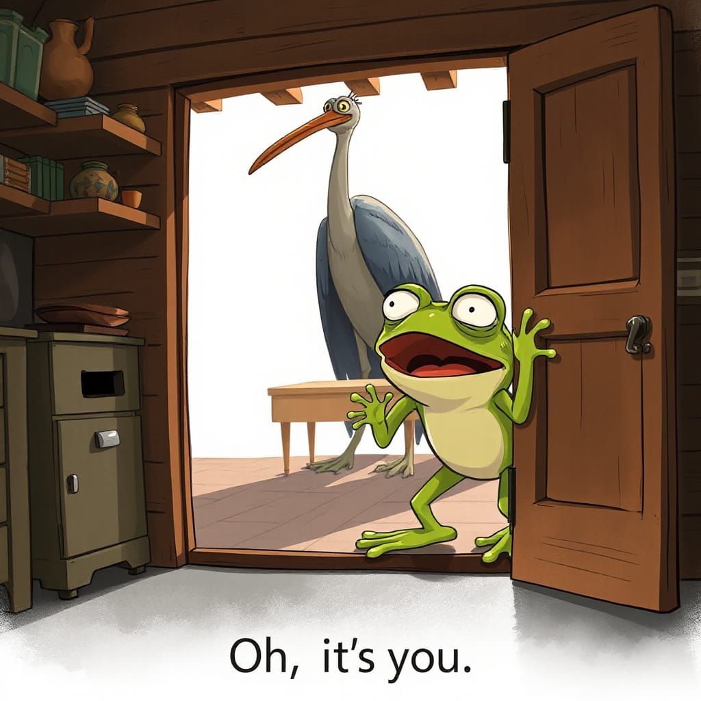 Surprised Frog Illustration with Imposing Stork
