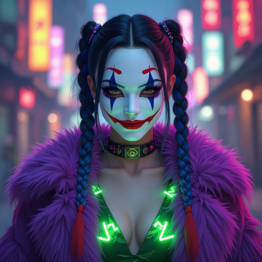 Anime Joker-Inspired Woman in Neon Japanese Mask