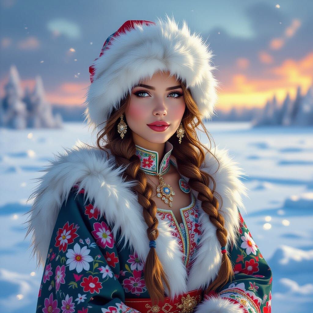 Russian Woman in Traditional Dress on Frozen Lake