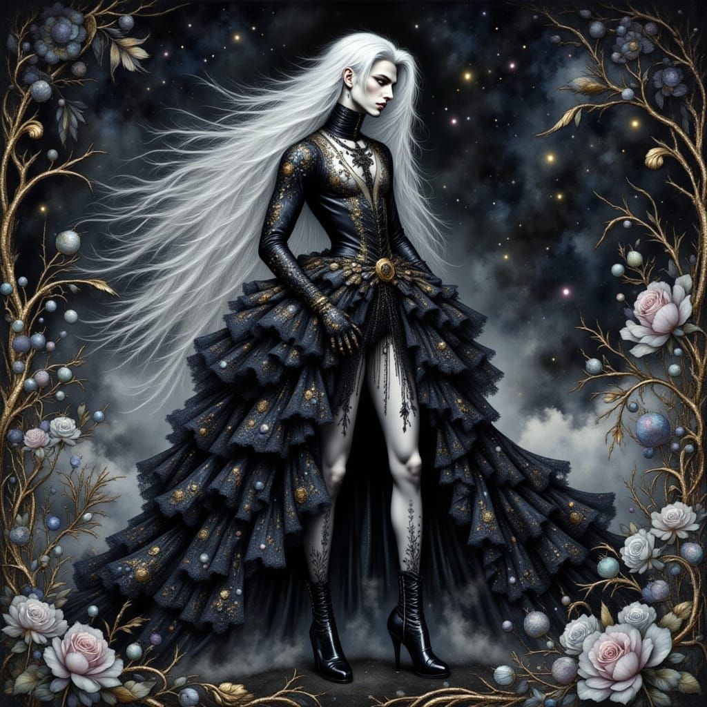 Goth Man in Rococo Gown in Dark Fantasy Nature