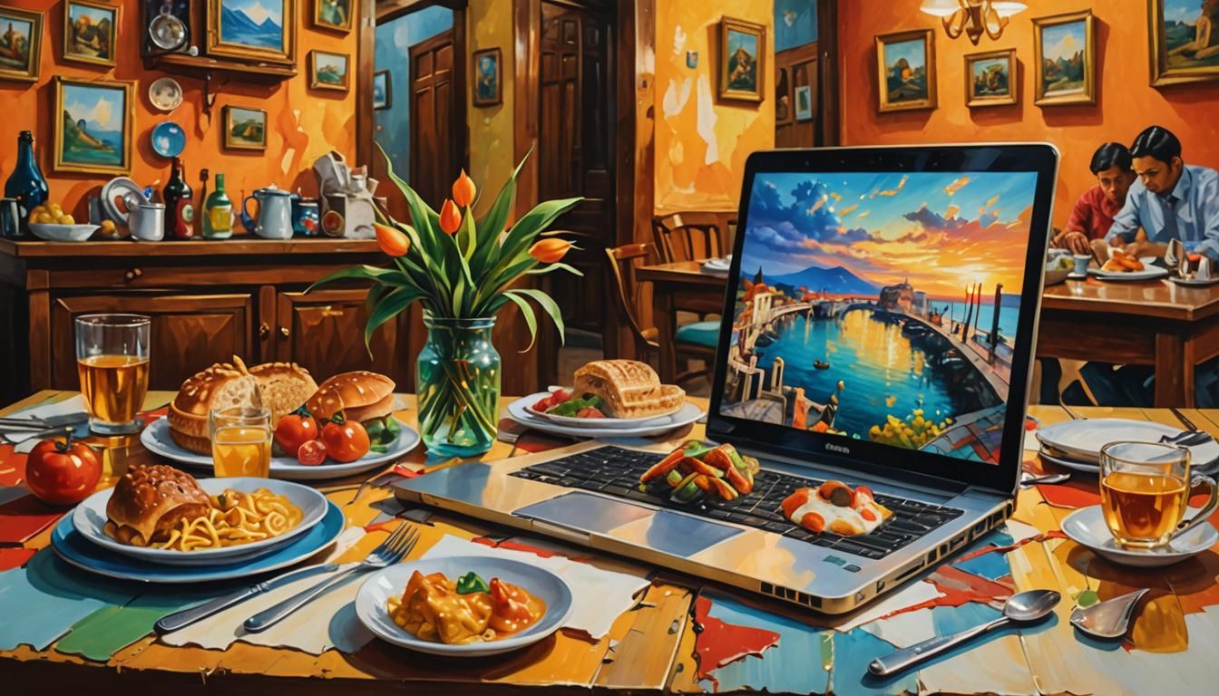 Italian Feast with Laptop: Surreal Oil Painting