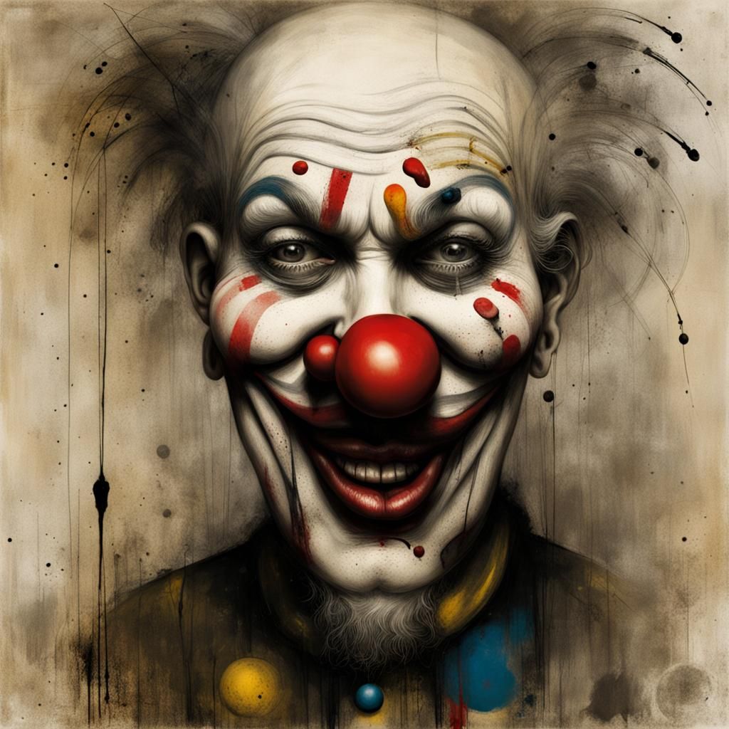 Disturbing Clown Portrait in Maximalist Style