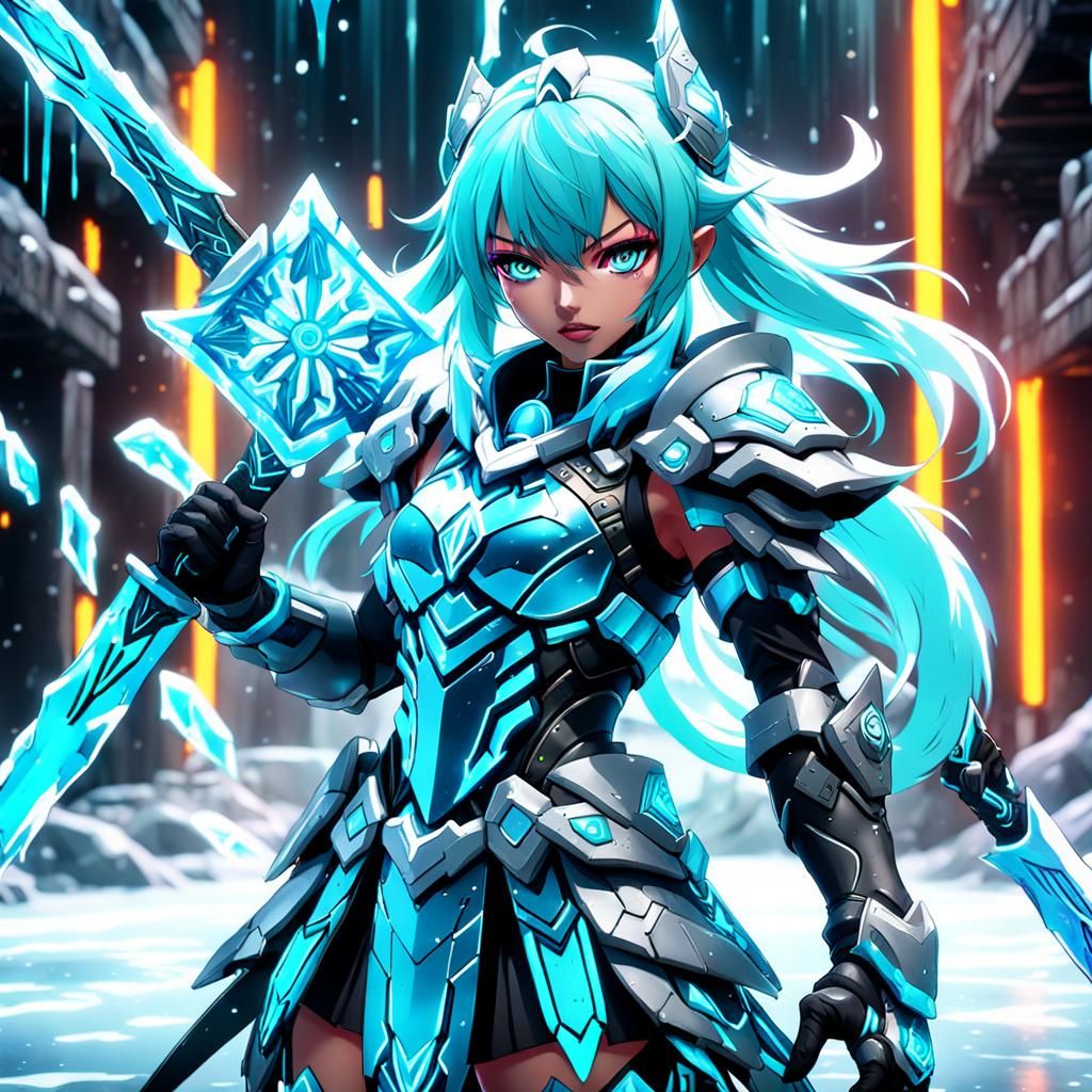 Neon Ice Warrior Anime Girl: Detailed Digital Art