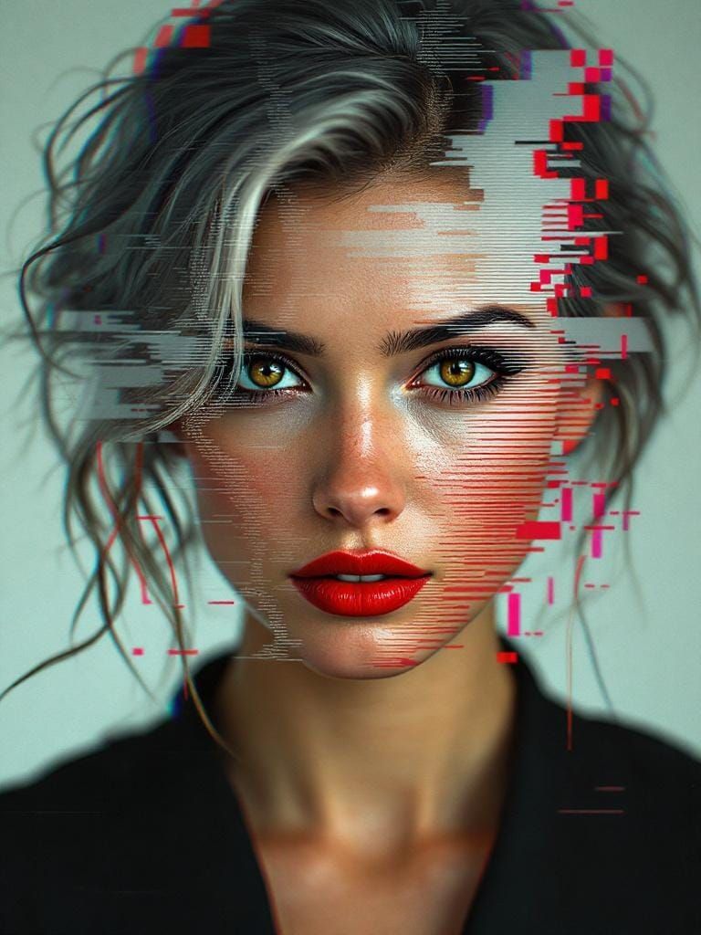 Glitch Art Fusion: Woman with Direct Gaze
