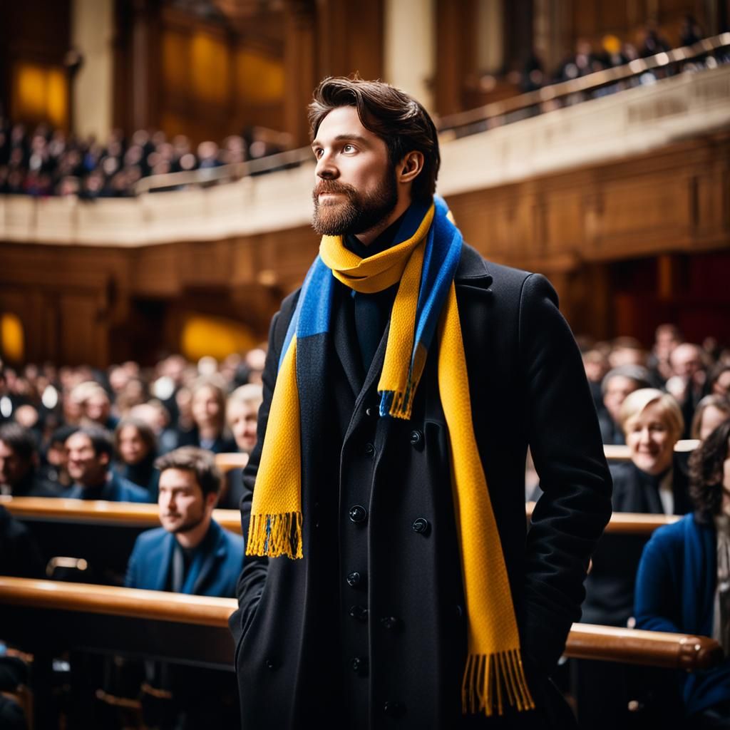 Man in Coat and Scarf at Symphony Hall