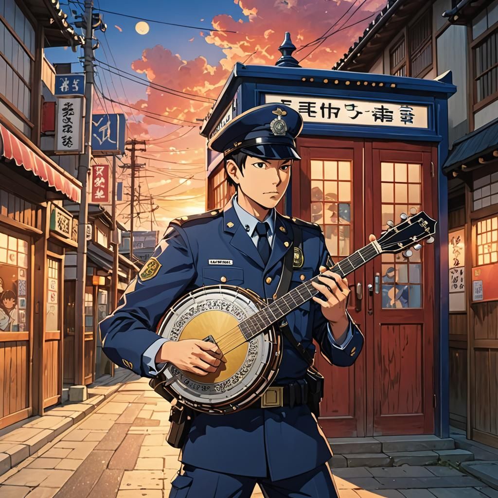 Anime-Style Japanese Policeman Playing Banjo