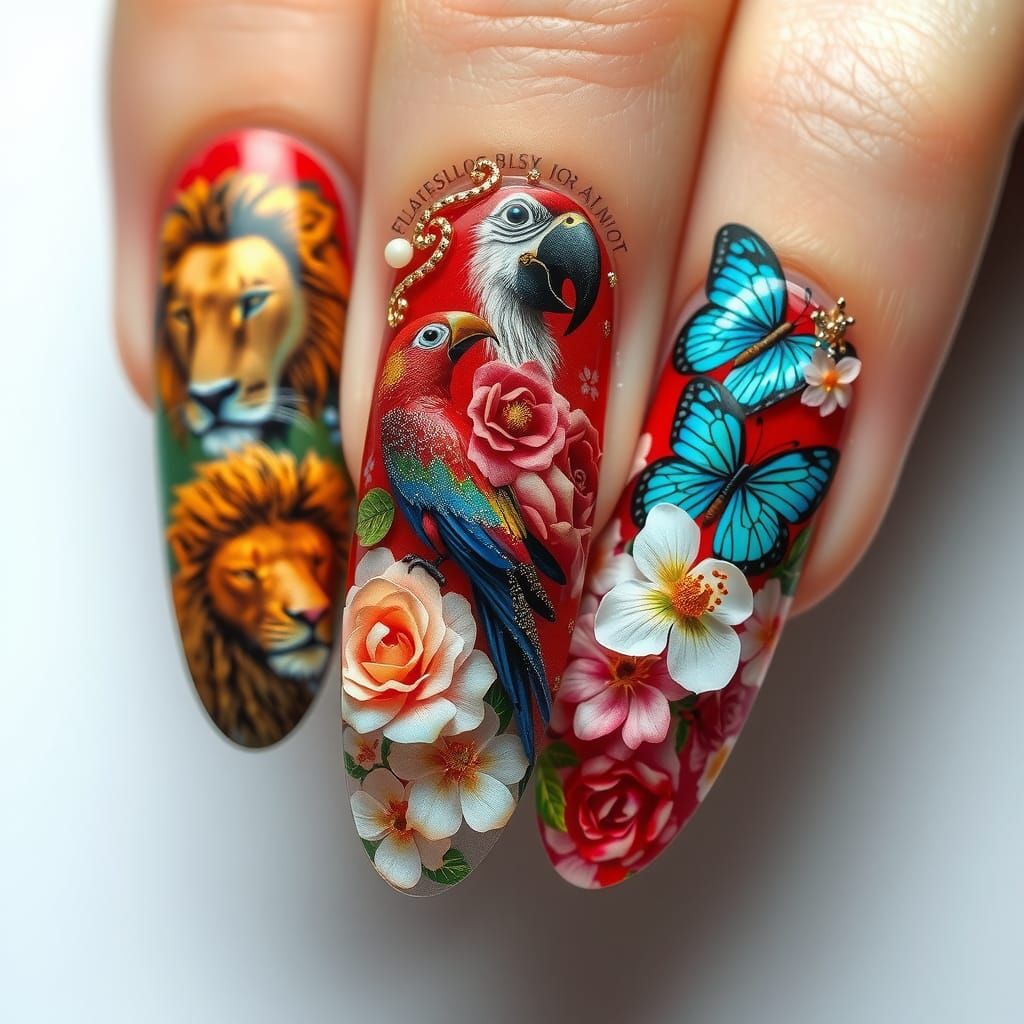 High-Fashion Nail Art with Animals and Flowers