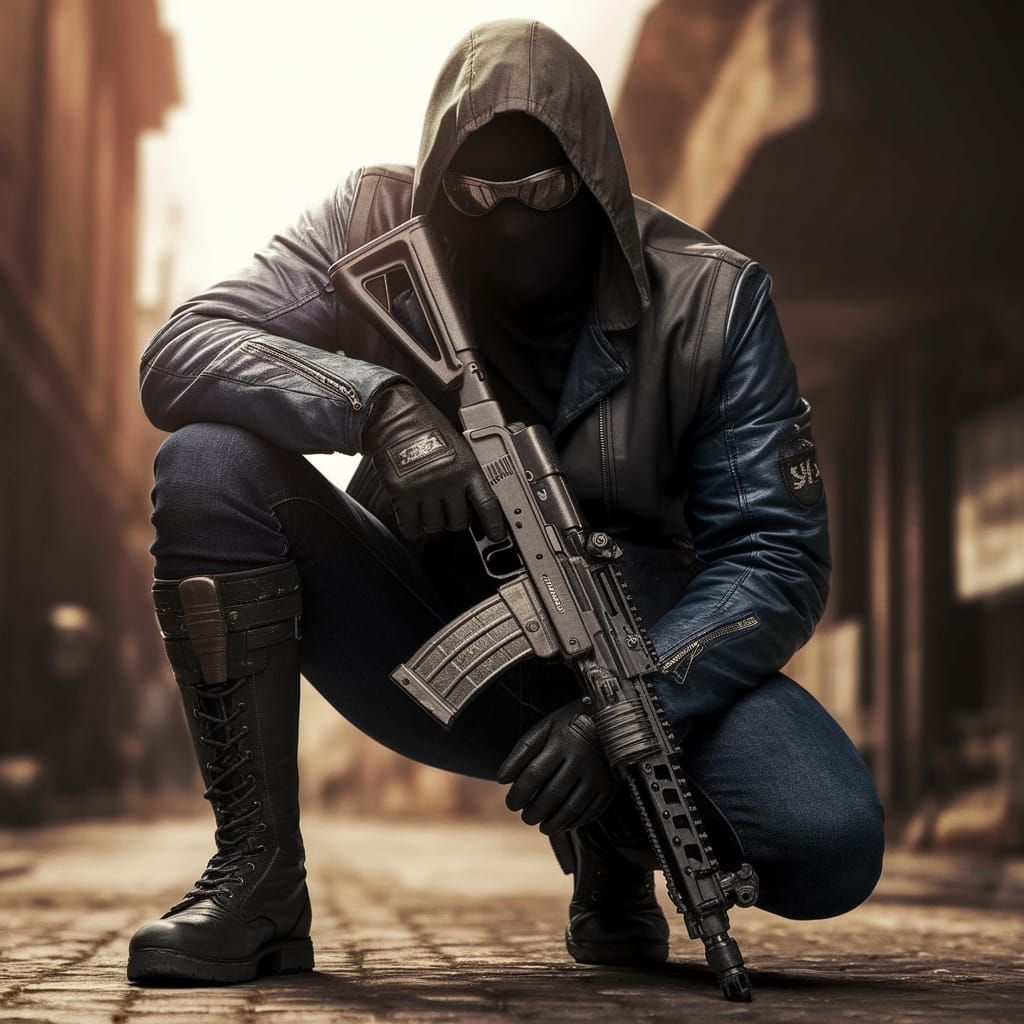 Post-Apocalyptic Warrior in Dark Leather Jacket and Combat G...