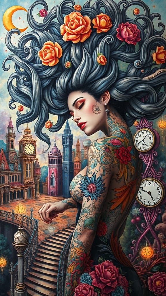 Surreal Woman with Tattooed Hair in Dreamlike World