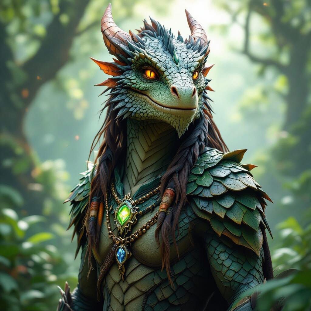 Dragonborn Druid in Enchanted Forest - Fantasy Concept Art
