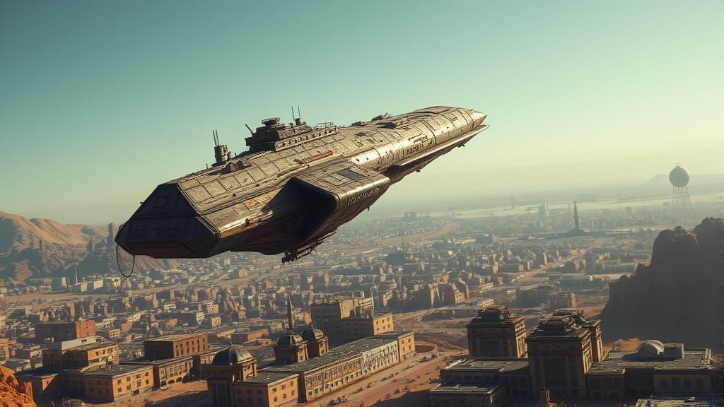 Rugged Alien Ship Soars Over Deserted Cityscape