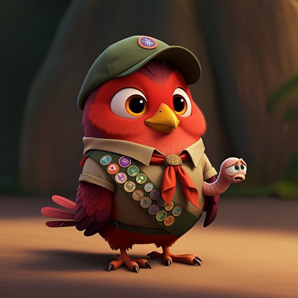 Proud Baby Robin Scout with Worm, Pixar Style