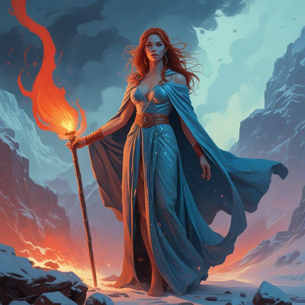 Icy Goddess in Fiery Landscape as Digital Art