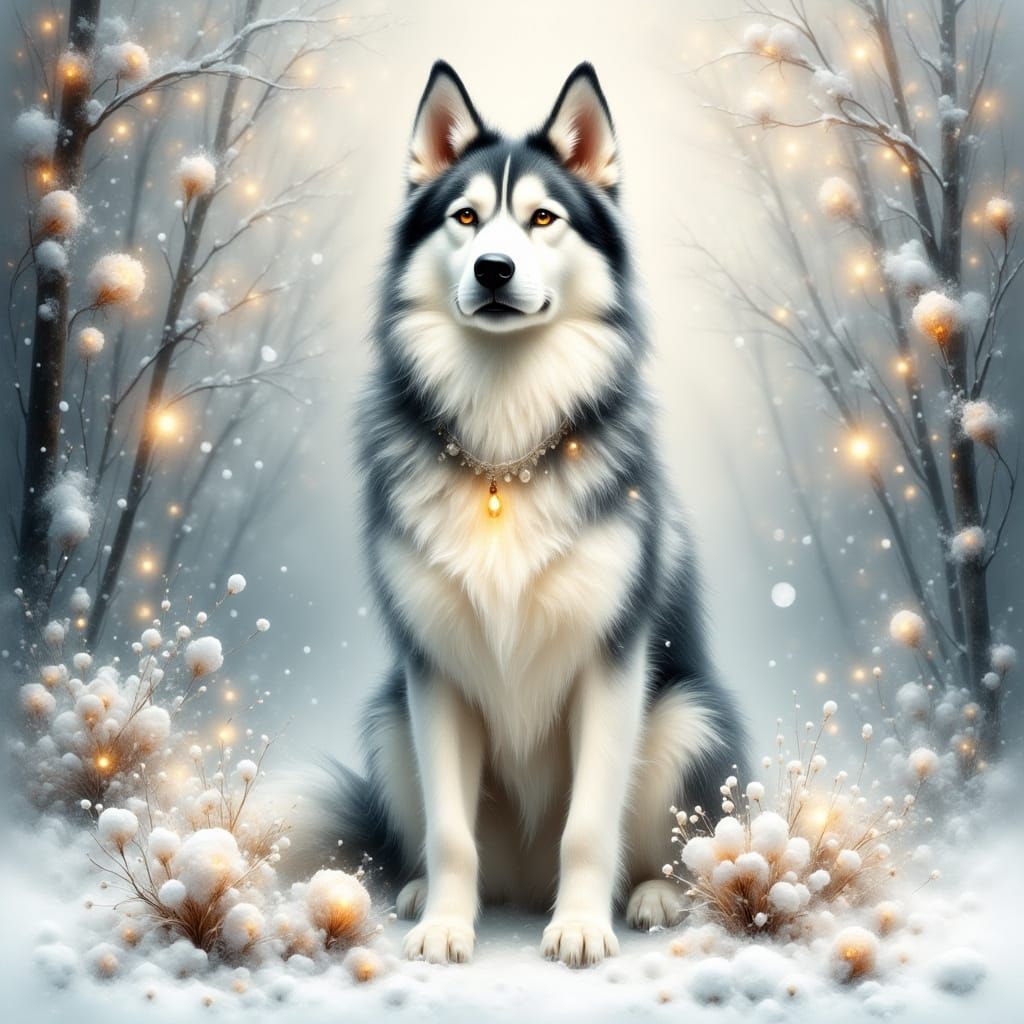 Whimsical Winter Husky Scene in Watercolor Style