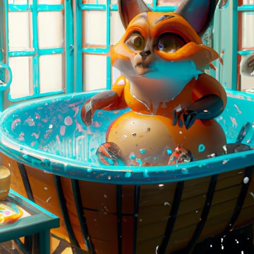 Chubby Fox in Bathtub: Detailed Matte Painting