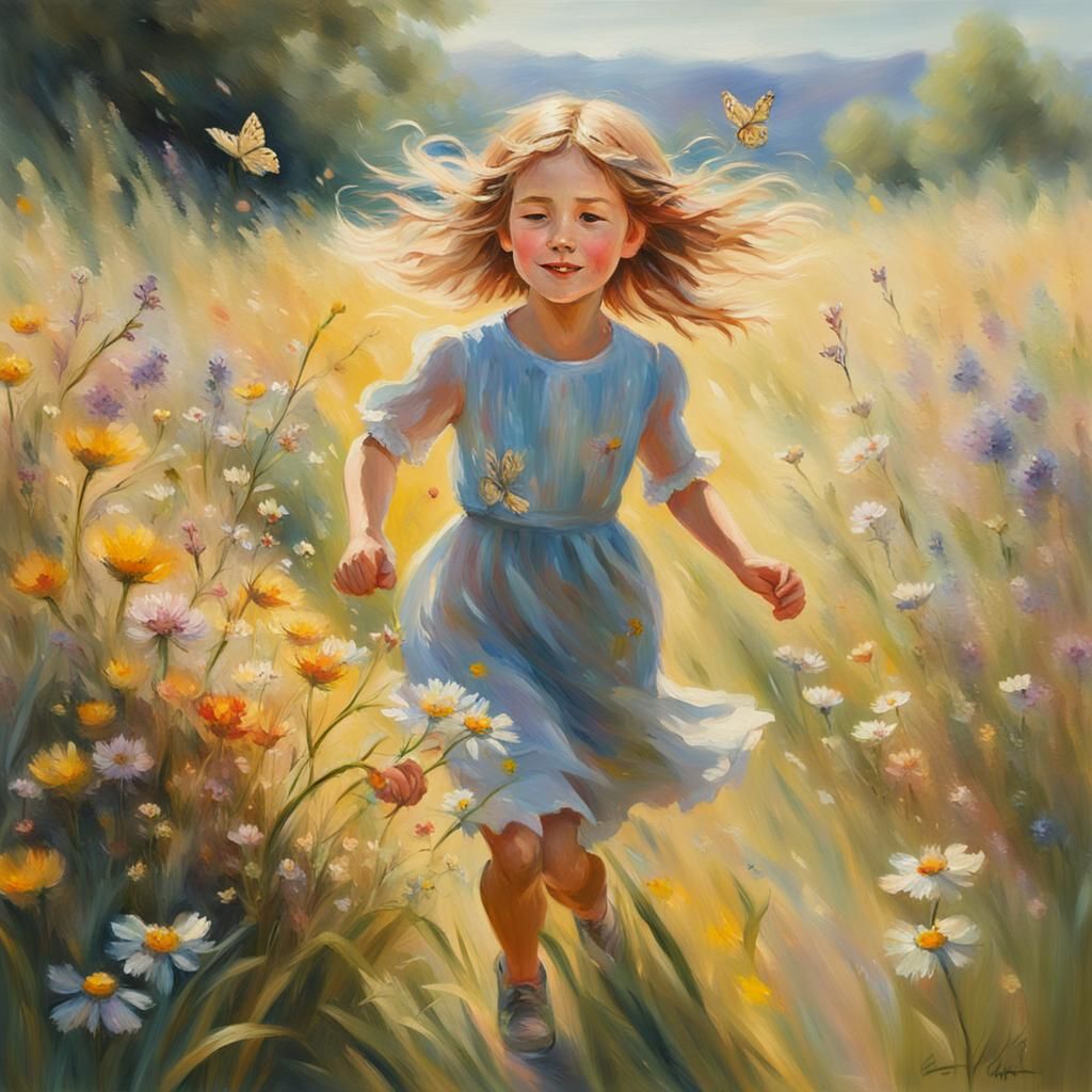 Girl in Meadow: Impressionist Painting with Wildflowers