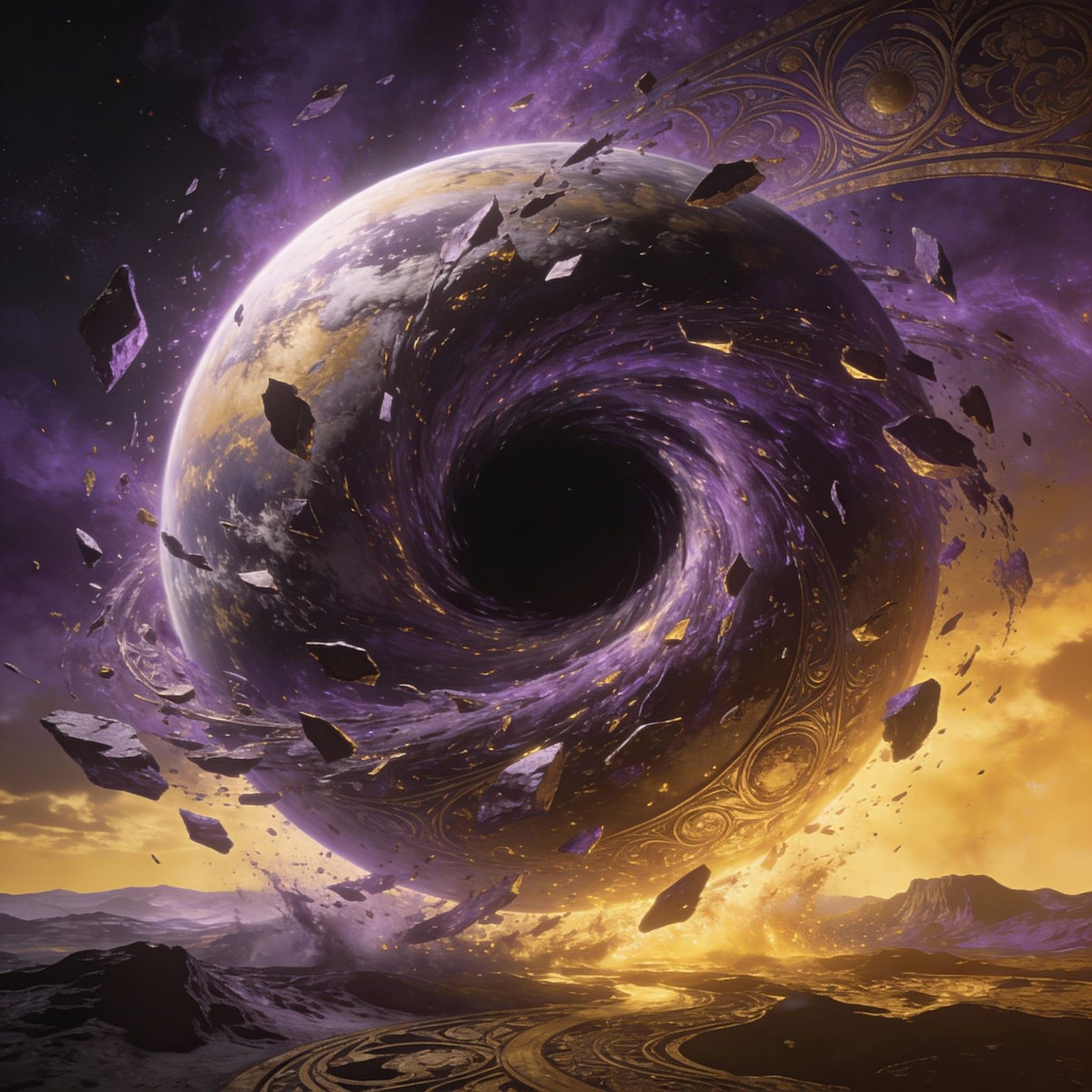 Colossal Planet Spiraling into Black Hole in Dark Fantasy St...