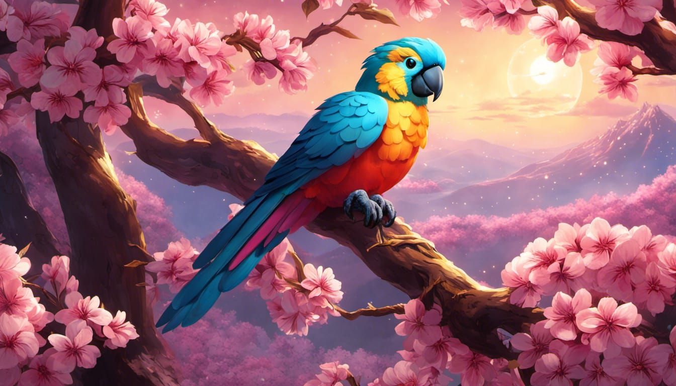 Glowing Cockatoo Among Cherry Blossoms in Dreamy Art