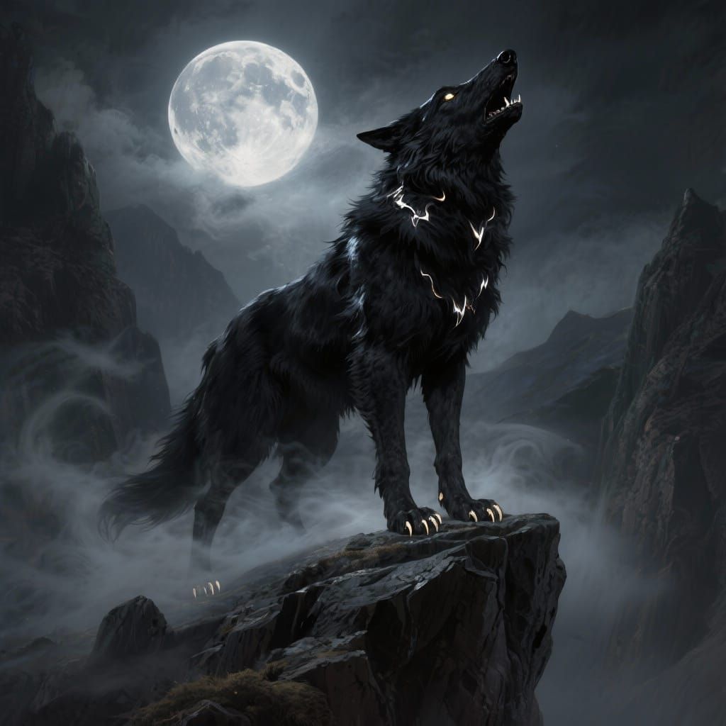 Black Wolf Howling at Full Moon on Cliffside