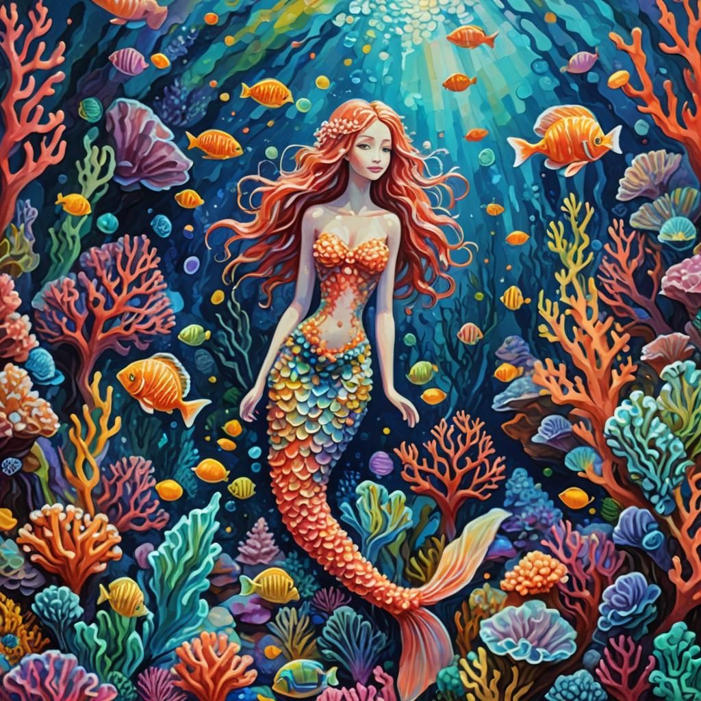 Bioluminescent Coral Mermaid in Neo-Impressionist Style