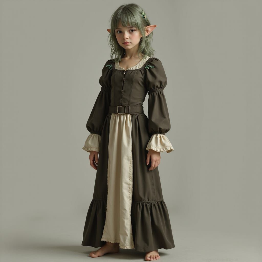 Photorealistic full body picture of a elf woman. She appears youthful, with a slender build. She have somewhat tousled, ...