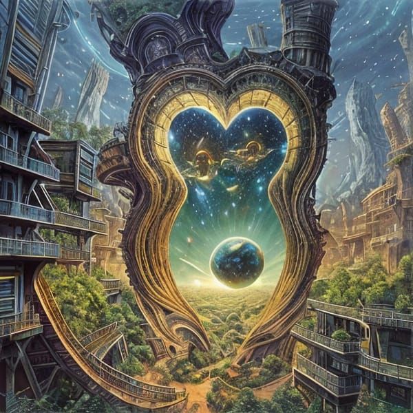 A wormhole in the woods shaped like a heart, showing a futur...