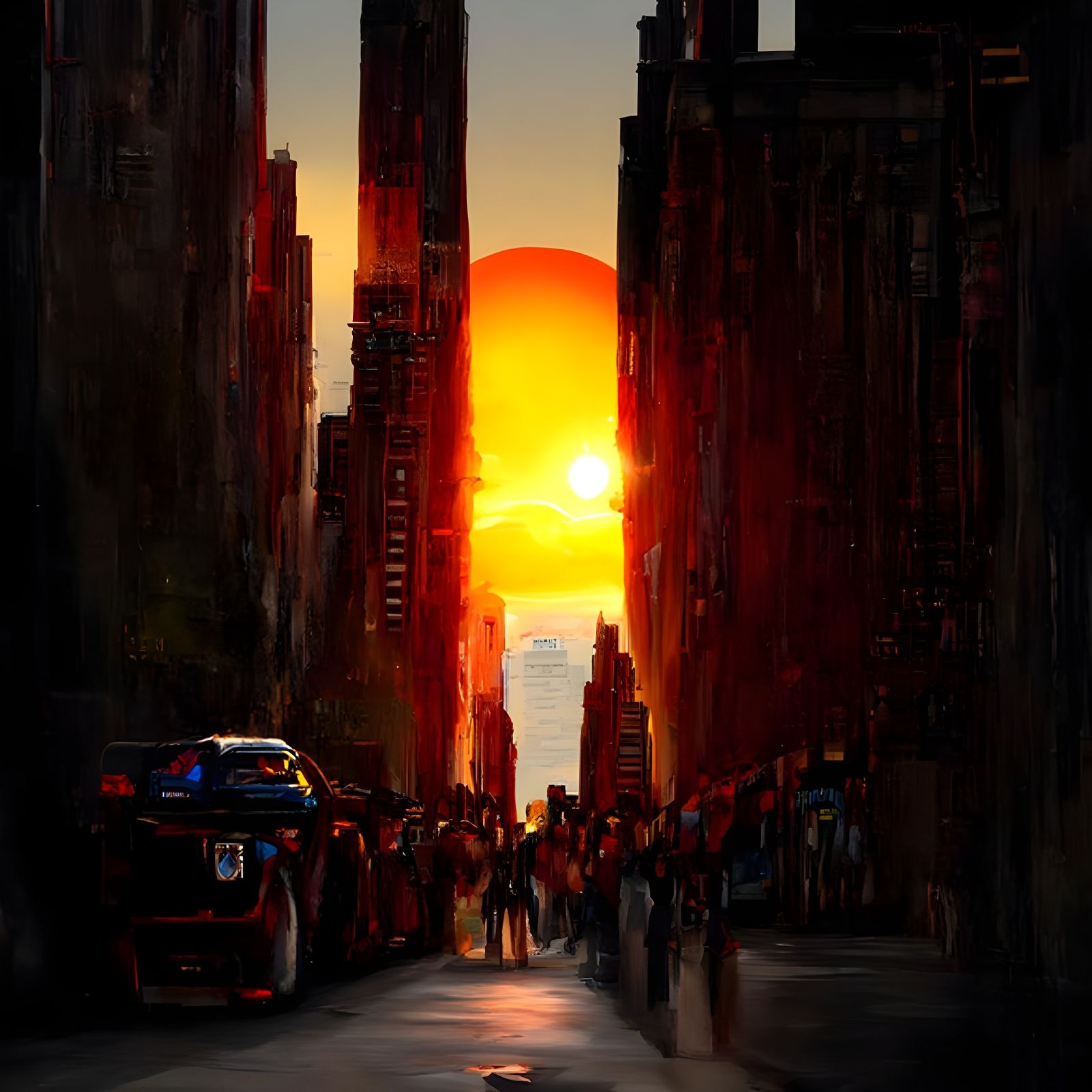 Manhattanhenge Sunset: Detailed Synthwave Oil Painting