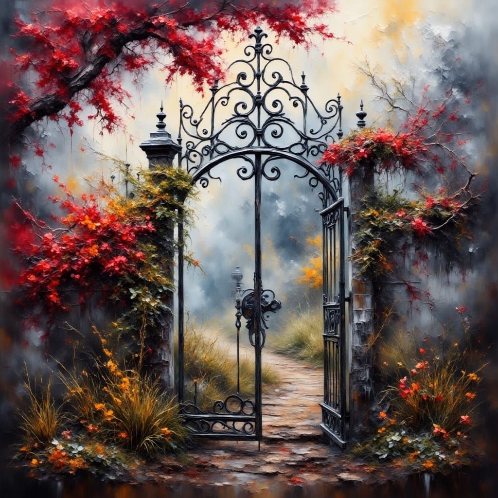 Majestic Iron Gate in Whimsical Garden Scene