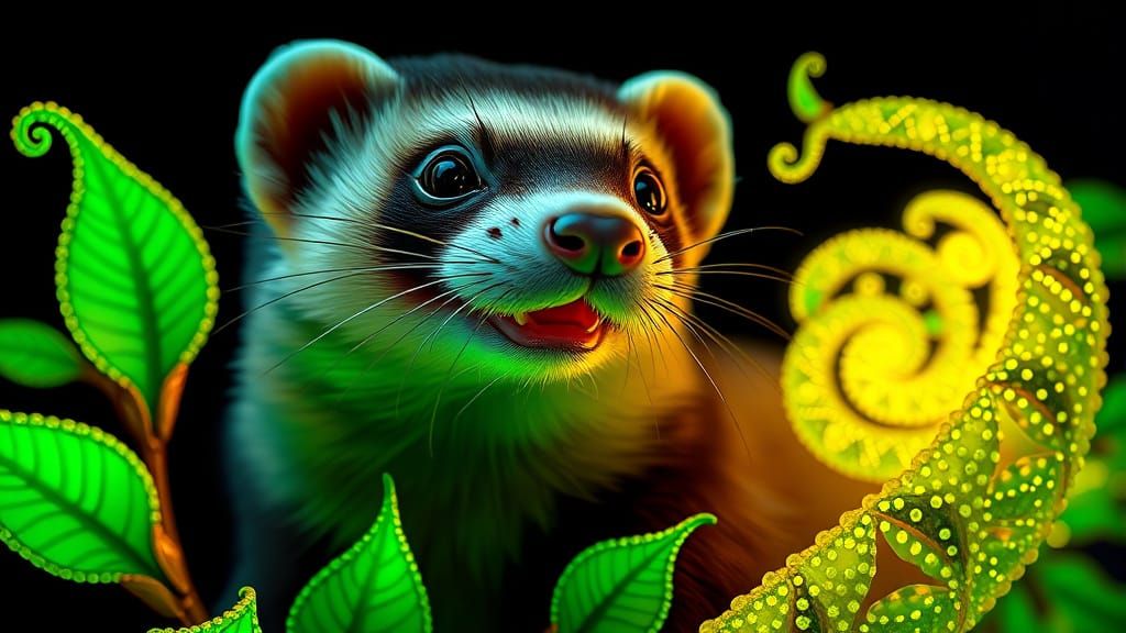 Giant Smiling Ferret with Bioluminescent Fractal Beads